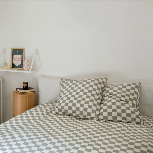 adult jersey bedding set with soft green gingham print