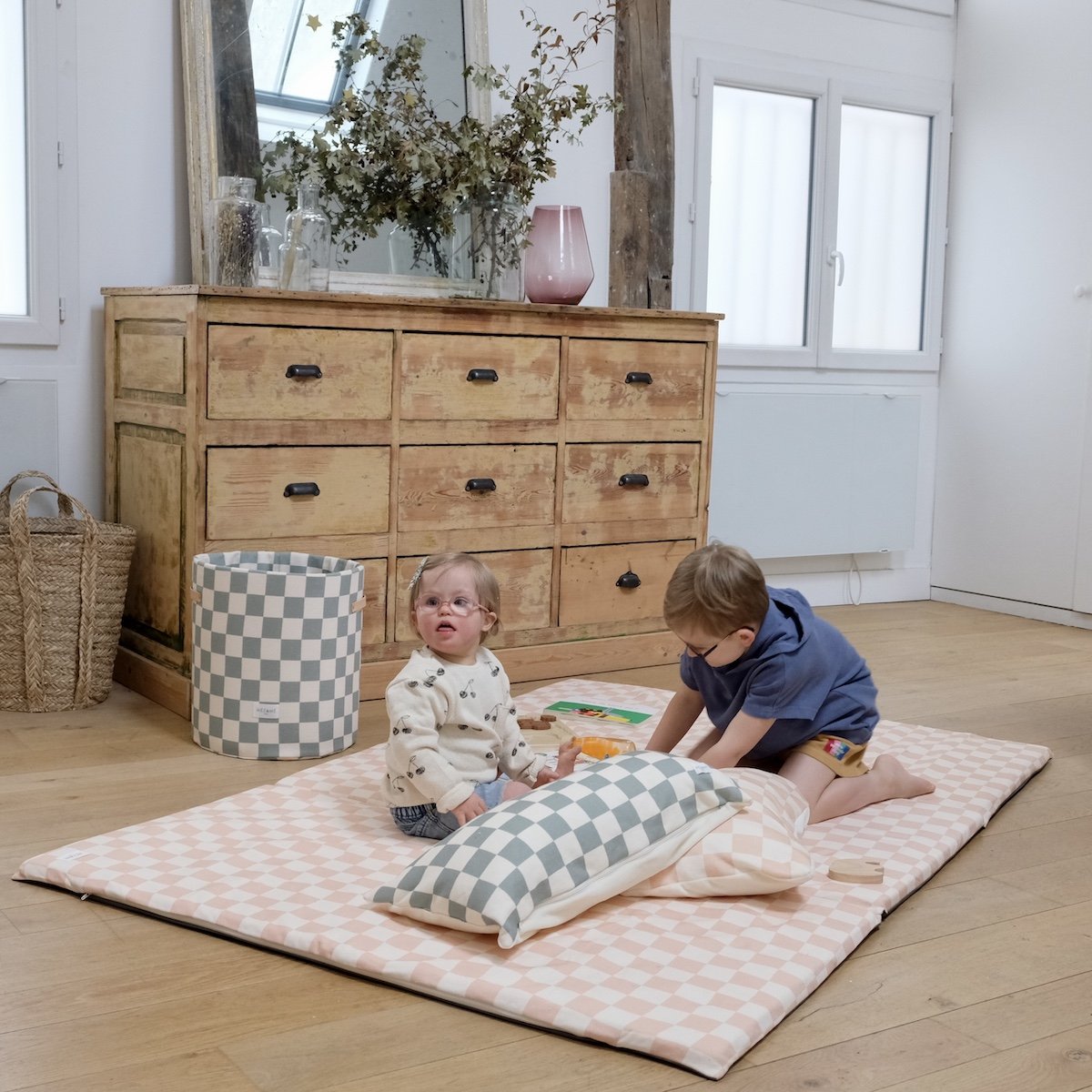 XXL pink checkerboard print baby and children's play mat extension 