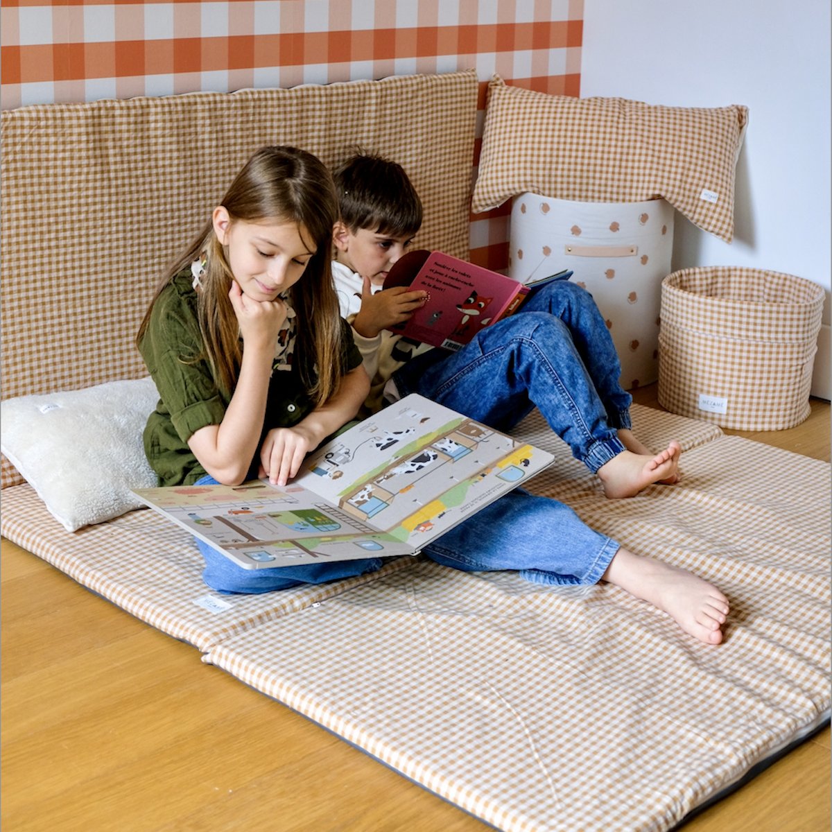 Erweiterung für Spiel- und Krabbelmatte für Babys und Kinder, Vichy-Karo in Karamell, großes XXL-Format