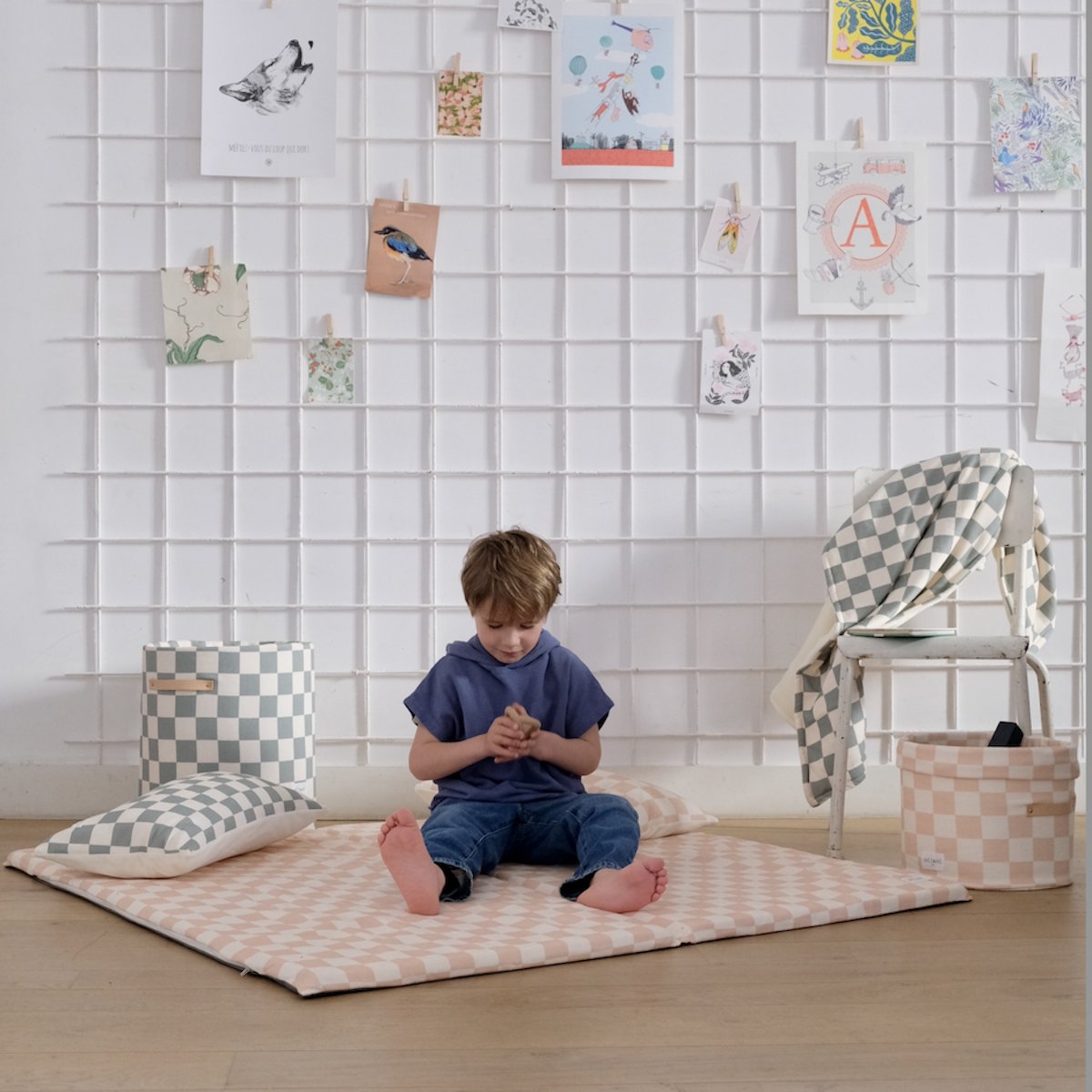 cesta de almacenamiento juguetes niño bebé gran formato estampado damero verde