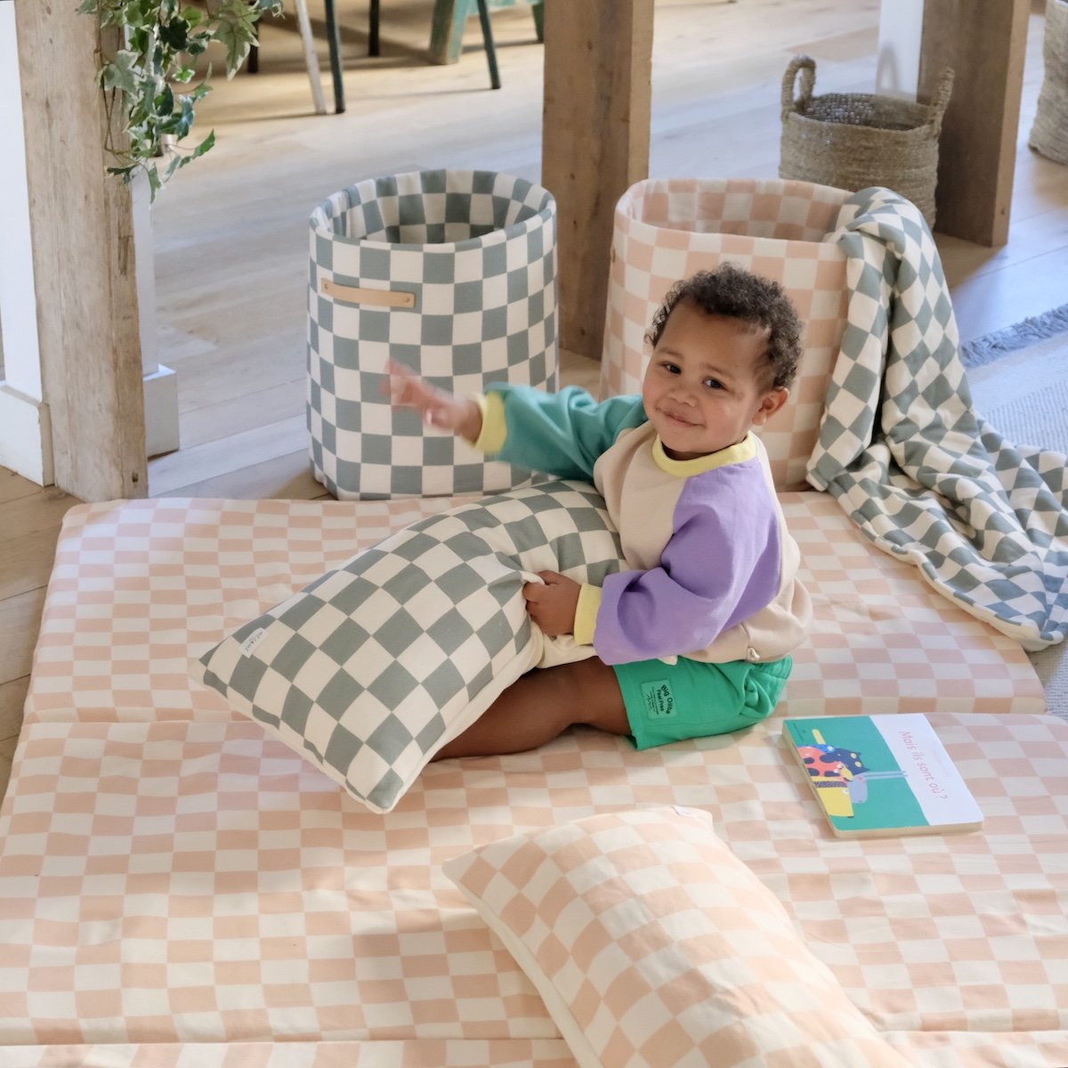 cesta de almacenamiento de juguetes habitación infantil gran formato motivo a cuadros verde